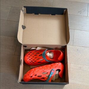 Merrell Bright Red Slip-On Clogs with Teal Accent Strap